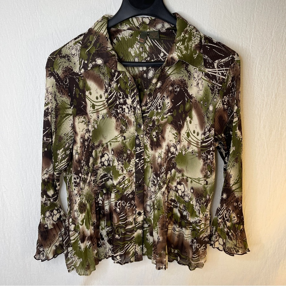 Serenade New York Pleat Fold Sheer Multi Colored Floral Blouse Top XL